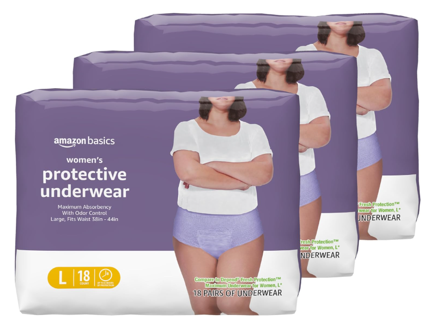 Basics Incontinence Underwear for Women, Protective, Disposable, Postpartum, Maximum Absorbency, Large, Lavender, 54 Count (3 Packs of 18)