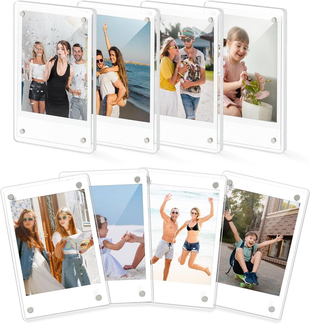 DomeStar Magnetic Acrylic Picture Frame 2.4 x 3.5 Inch, 8 Pack Double-Sided Holder for Refrigerator, Locker, or Metal Cabinet, Fits Instant Photo, Mini Film, Retro Camera, Notes & Pictures