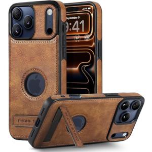 Leather Case for iPhone 17 Pro Case, Protective Slim with Kickstand Shockproof Phone Cases, Built-in Invisible Stand Compatible with iPhone 17 Pro 6.3'' (Brown)