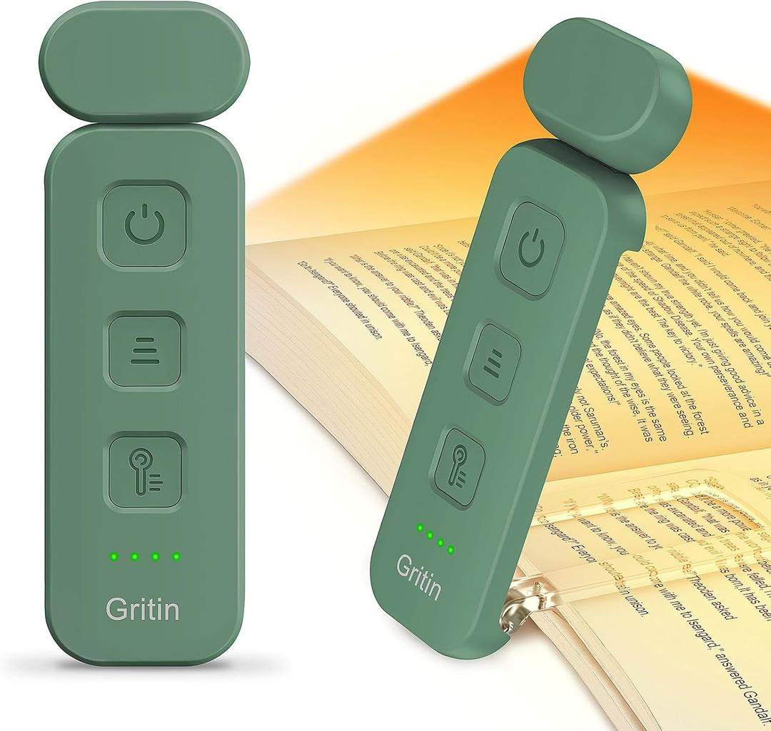 Gritin Reading Light,Book Light for Reading in Bed-Eye Caring 3 Colors, 5-Level Dimmable Brightness,Long Lasting, Compact Size Rechargeable Clip on Book Reading Light for Book Lovers-Dark Green