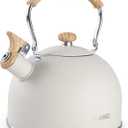 Tea Kettle, BELANKO 85 OZ / 2.5 Liter Whistling Tea Kettle Pots for Stove Top Food Grade Stainless Steel with Wood Pattern Folding Handle, Loud Whistle for Tea, Coffee, Milk - Milk White