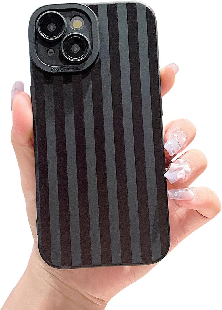 Compatible with iPhone 15 Case Cute Aesthetic Striped Design for Girls Women,Soft Silicone Shockproof Protective Designed for iPhone 15 Case-Black