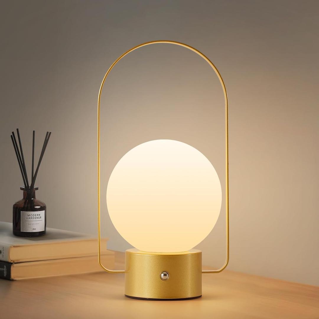 Cordless Portable Table Lamp, Gold 2600mAh Rechargeable Battery Operated Lamp, Stepless Dimming Touch Light, Small Bedside Nightstand Light for Bedroom Living Room Shelf Decor