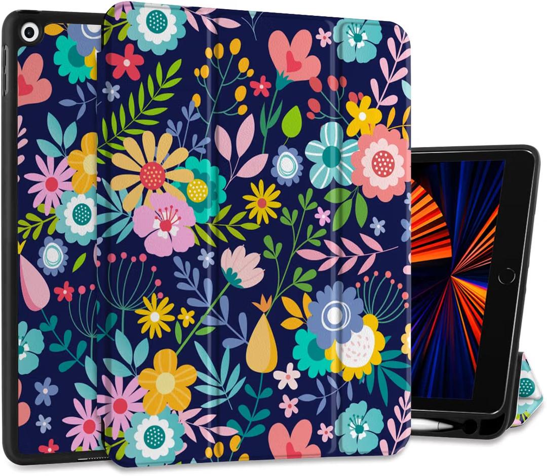 Case Compatible with iPad 10.2 Inch 2021 2020 2019 iPad 9th/8th/7th Generation with Pencil Holder, Slim Stand Protective Case with Soft TPU Back, Auto Sleep/Wake Cover, Florals