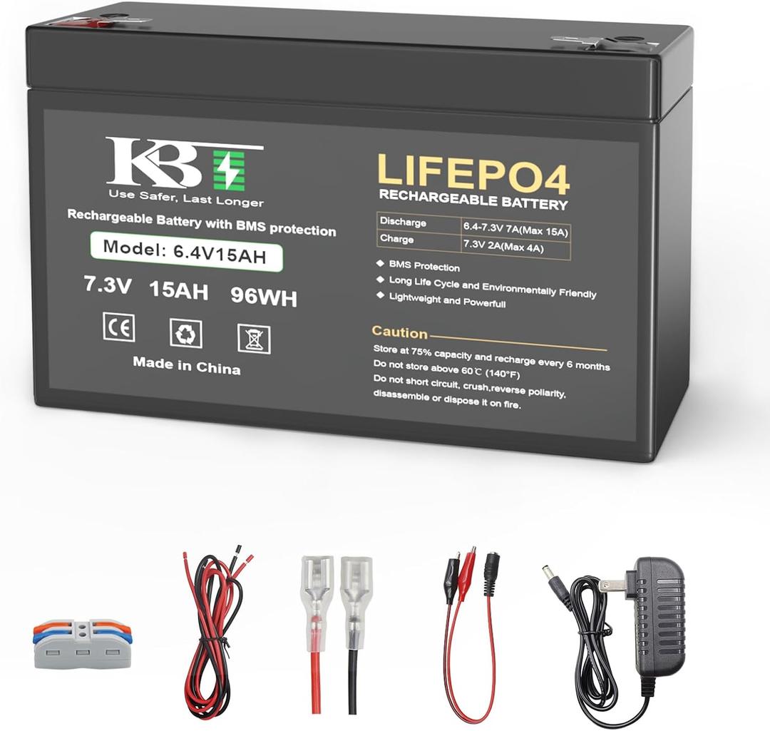 KBT 6V 15Ah Rechargeable LiFePO4 Lithium Battery Replacement, Long Lasting Life, with Charger for Ride on Toys, DIY Project, Tractor, Emergency Light Equipment, Lanterns, Deer Feeder
