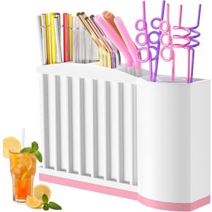 Straw Holder for Cabinet Door - Strong Magnetic Detachable Bottom, Easy to Clean, Dual Use (Countertop/Cabinet), Fits Various Sizes & Irregular Straws (Pink)