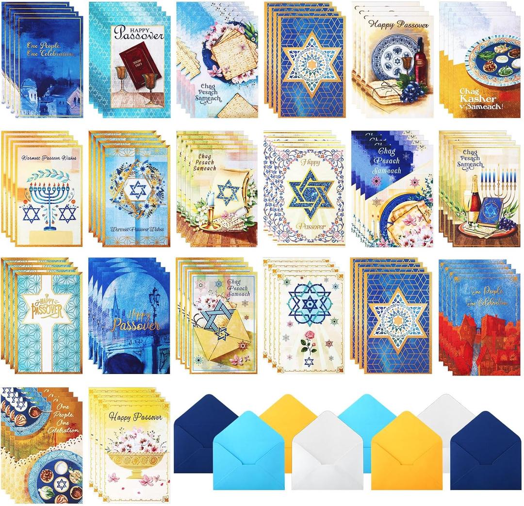 80 Sets Passover Cards with Envelopes Bulk Assorted Happy Passover Holiday Greetings Card in 20 Designs Pesach Celebration 4" x 6" Jewish Holiday Party for Friends Families Gift