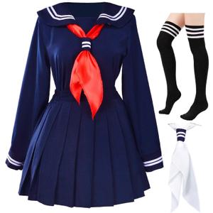 Classic Japanese School Girls Sailor Dress Shirts Uniform Anime Cosplay Costumes with Socks Set (Blue, S)