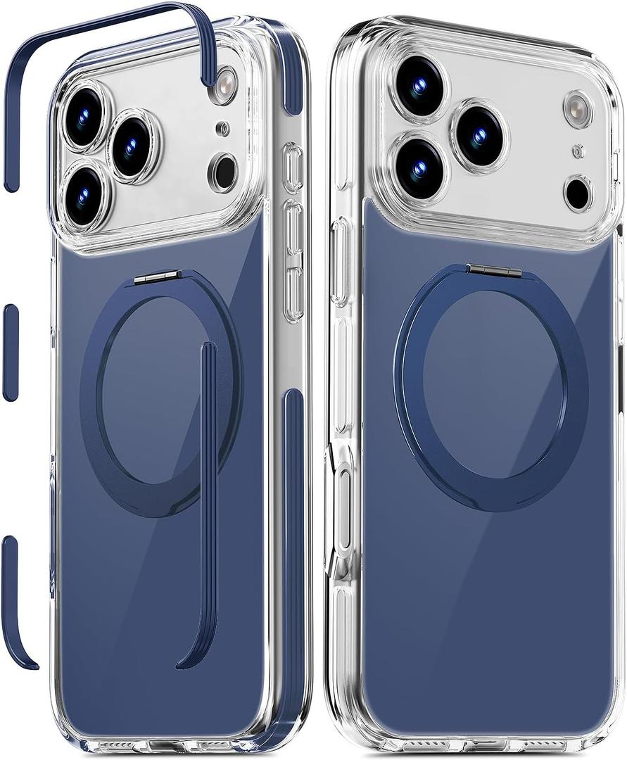COOLQO 360Spin Magnetic Stand for iPhone 17 Pro Max Case, Fit for MagSafe, Military-Grade Protection,Full Camera Protection, Non-Yellowing Clear Scratch-Resistant Back Cover for 17 Pro Max, Blue