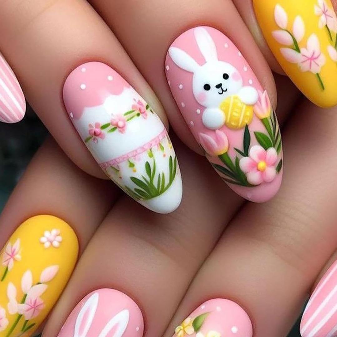 24 Pcs Cute Easter Press on Nails Medium Long Fake Nails, Easy Apply Press on Nails Almond Shape False Nails with Bunny Flower Pattern Design Acrylic Nails Press ons for Women Spring Nails