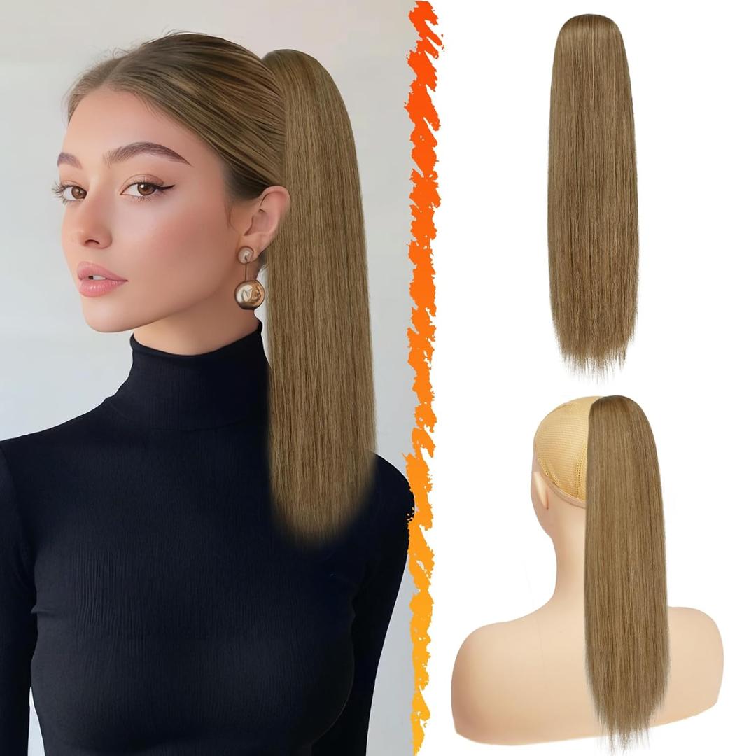 BARSDAR Ponytail Extension - 16 Inch Short Straight Drawstring Ponytail Hair Extensions for Women, Soft Synthetic Clip in Pony Tails Hairpieces Fake Ponytail Daily - Light Brown Mixed
