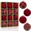 Tifeson 12pcs Velvet Christmas Balls Burgundy 3.15inch Flocked Shatterproof Hanging Ball Ornaments Christmas Tree Decorative Ornaments for Xmas Holiday Festival Party Decor