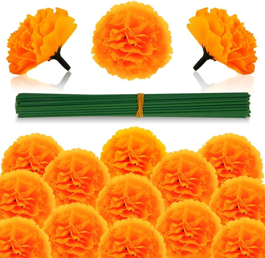 Labeol 100PCS Marigold Flowers Artificial Marigold Flowers Heads Bulk Mexican Decoration Silk Orange Marigold Garland with Stems for Day of The Dead Halloween Diwali Party Decorations Home Decor