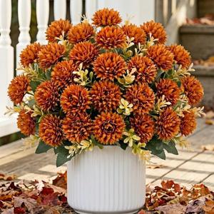 4 Pcs Fake Mums Artificial Flowers for Outdoors, Fall Faux Mums for Outdoor Planters, Burnt Orange Pumpkin Vibrant Autumn Orange Silk Chrysanthemum Fall Flowers for Decoration Home, 24 Heads