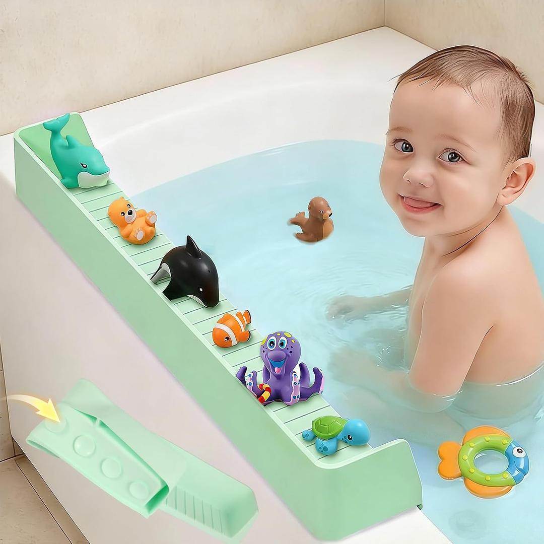 Bathtub Splash Guard for tub Kids& Bath Shelf for Kids – Toddler Bath Tray, Bath Toys Storage & Ledge Organizer – Splash Guard for Bathtub with Suction Cups – Kids Bathroom Accessories(2.6FT, Green)