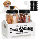 Dog Treat Container Dog Food Container for Dog Food Storage, Farmhouse Cat Food Container Pet Food Storage Organizer, Wood Dog Treat Holder with 2 Plastic Cat Dog Treat Jars, White Cat Treat Container