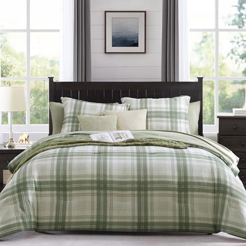 MaiRêve Plaid Full Comforter Sets, Green Grid Farmhouse Bedding Set Bed in A Bag, Classic Checkered Comforter Sets with Fitted & Flat Sheet, Pillowcases & Shams(Green, 80"x90")