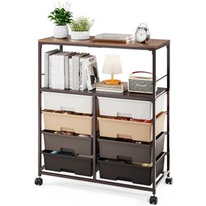 8 Drawers Rolling Storage Cart with Wooden Top, Multipurpose Utility Cart with Opening Shelf & Lockable Wheels, Storage Drawer Cart Organizer for Home Office Craft Room Classroom, Brown