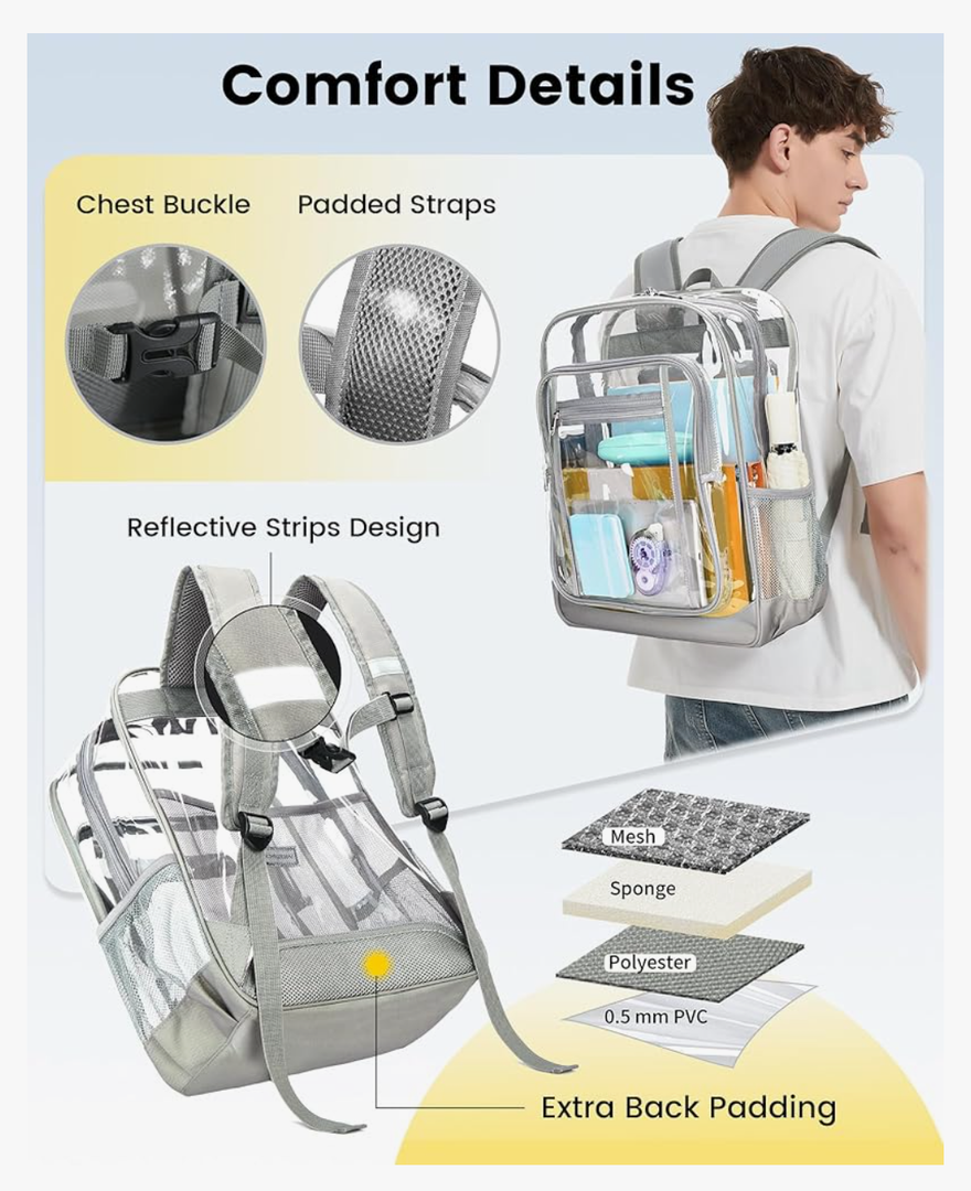 Clear Backpack Heavy Duty - Extra Large Clear Backpacks with TSA Lock Transparent See Through Bookbag for School, Work, College, Travel - Grey