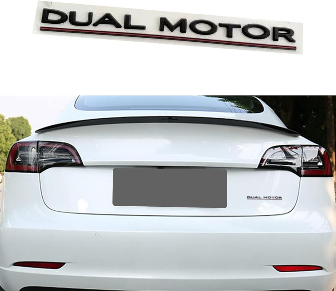 YHCDSEA Dual Motor Badge Emblem Sticker Plaid Decor Compatible for Tesla Model 3 Y X S Accessories (Matt Black-Red Line)