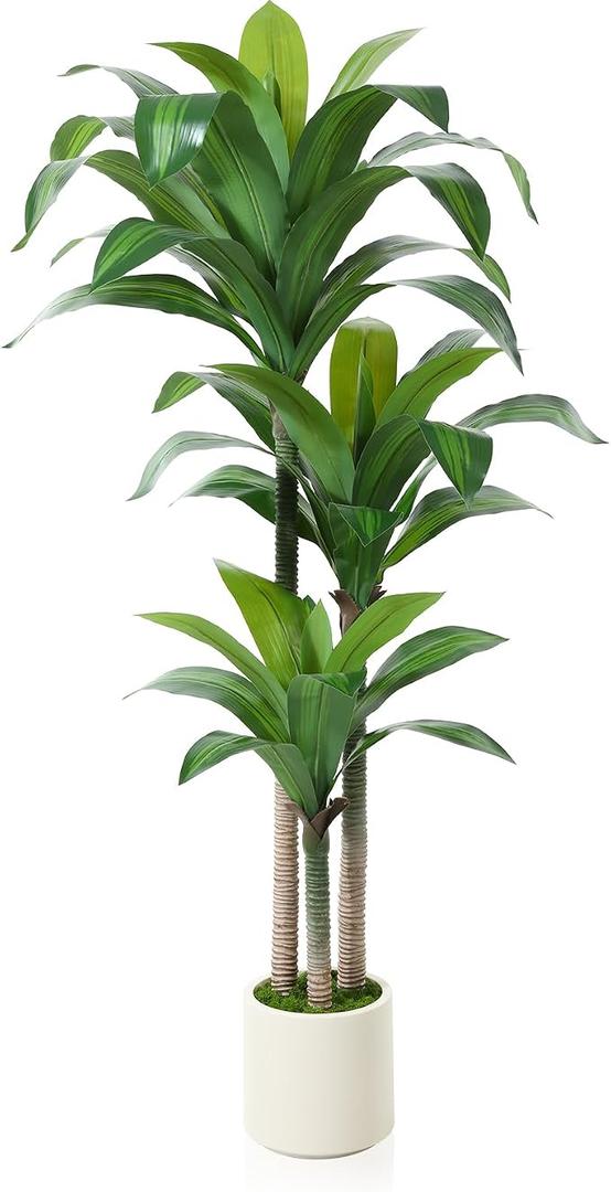 Kazeila Artificial Dracaena Plant 2.1M Fake Tall Tree with White Planter,Faux Dragon Tree Plant Indoor Floor Porch Home Decor Office Living Room(1Pack)