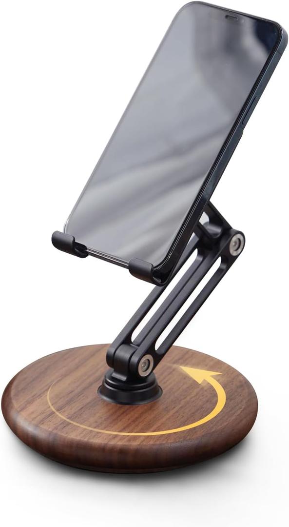 RENMTURE Phone Desk Stand, Adjustable Foldable Cell Phone Stand with 360 Rotation for iPhone 16 15 14 13 Pro ipad, Mobile Phones & Tablets Stable, Ergonomic Holder for Home Office, Walnut Wood Base