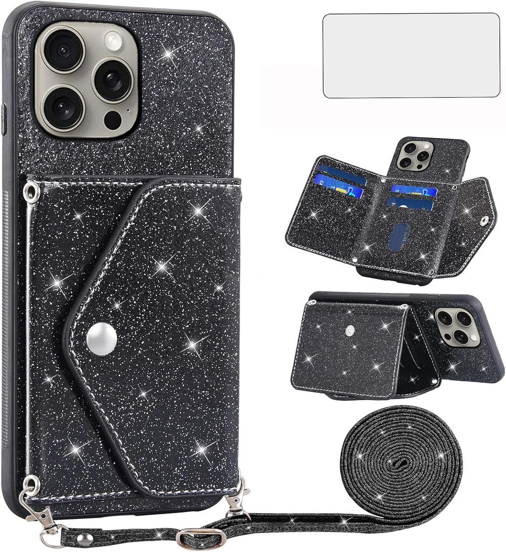 Phone Case for iPhone 15 Pro Max 6.7 inch Wallet Cover with Tempered Glass Screen Protector and Crossbody Strap Bling Glitter Card Holder iPhone15promax 5G i Phone15Max Plus iPhone15 ProMax Black