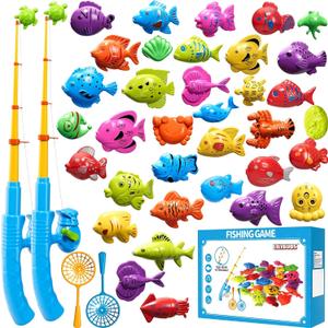 Magnetic Fishing Game Toys for Kids Toddlers 3-5 4-8, Water Table Bathtub Toys with Pole Rod Net Plastic Floating Fish, Water Bath Pool Outdoor Toys for Kids Toddlers Baby Age 3 4 5 6 7 8 Year Old, 35Fish+2Rod+2Net