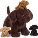 4Pcs Lab Stuffed Animals - 16" Huggable Chocolate Mama Labrador Dog with 3 Hidden Puppies (Black/Yellow/Dark Brown) - Plush Toys Gifts for Kids