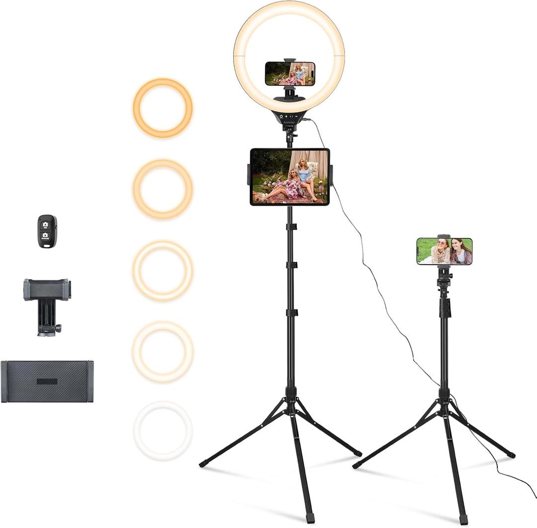 Aureday 14inch iPad Ring Light with Tripod Stand, 62inch Selfie Tripod Light Ring with Phone&Tablet Holder for Recording, 20W LED Circle Light with Wireless Remote for Tiktok, Makeup, Live Streaming (BLACK)