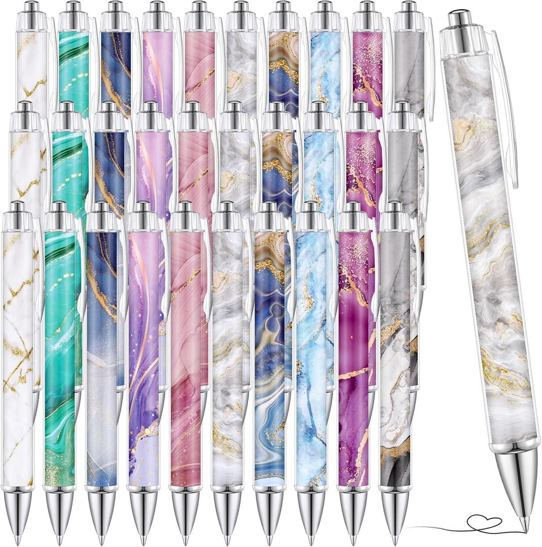TecUnite 30 Pcs Marble Ballpoint Pens for Women 1.00 mm Cute Black Ink Fancy Pens Fine Point Smooth Marble Writing Supplies Journaling Gifts Office Supplies, 10 Designs