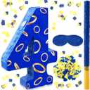 Simgoing Number 4 Blue and Golden Rings Piata for Kids Birthday Cartoon Theme Small Piata with Blindfold Stick Confetti for Fiesta Cinco De Mayo Party Decor, 15.8 x 11 x 2.8 Inch