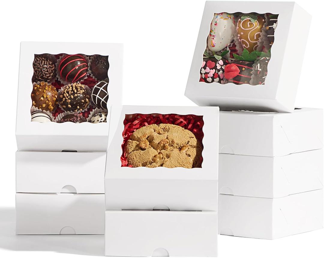 RomanticBaking 101PCS 5x5x2 Inch Cookies Boxes with Clear Window for Bakery, Strawberries, Chocolate Bomb, Cakesickle, Mini Cake, Cinnamon Roll