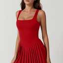 QINSEN Womens Square Neck Tennis Dress Pleated Sleeveless Built in Shorts Golf Athletic Dress with Pockets (Red)