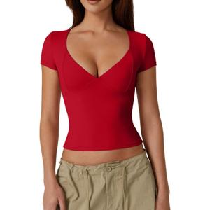 QINSEN Women's V Neck Short Sleeve T Shirts Double Lined Tee Seamed Cup Going Out Tops (X-Large, Red)