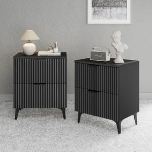 Wood Night Stand Set 2 Fluted Dresser for Bedroom 2 Drawers End Tables Nightstands Set of 2, Storage Modern Bedside Table Set of 2, Black Nightstand