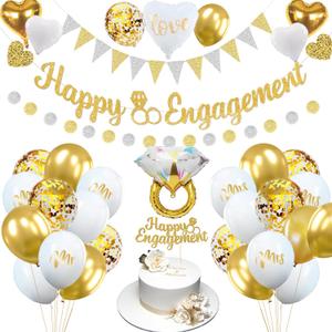 Engagement Party Decorations Gold and White Banner Balloons Cake Toppers Mrs and Mr Balloons Decorations for Engagement Theme Party Wedding Bridal Party Decorations Supplies (Style 01)