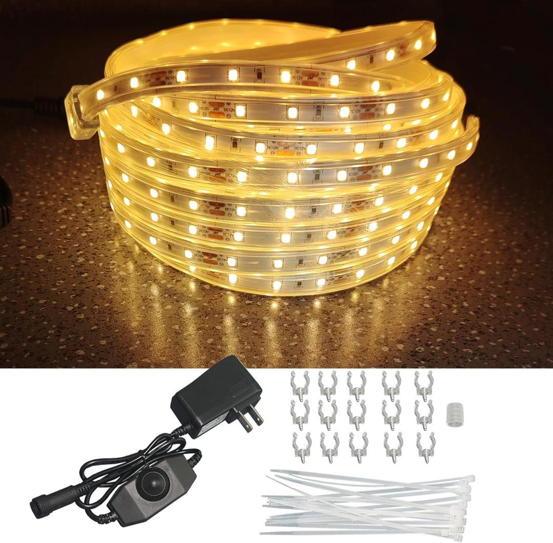 32.8FT Waterproof LED Rope Lights Warm White, Dimmable LED Strip, 12V Flat Outdoor String Light, Flexible Rope Lighting for Indoor Bedroom Deck Patio Christmas Camping