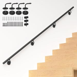 8FT Industrial Metal Stair Handrail,Round Pipe Stair Railing for Indoor/Outdoor Steps,Wall Mount Support Staircase Handrails,440LBS Load Capacity Hand Rails,Safety Grab Bar Porch Stairway Railing