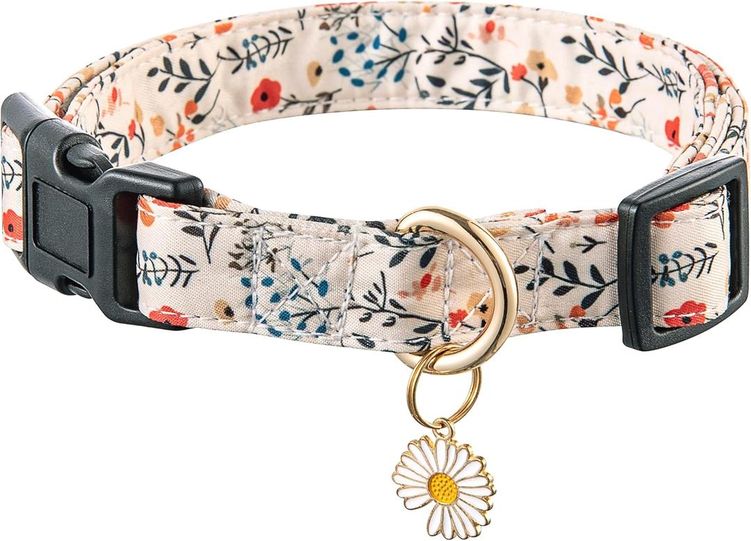 Cute Dog Collar Beige Flower Pattern for Boys and Girls Holiday Dog Collars Summer Fall Gift Adjustable for Medium to X-Large Breed Dogs (L)