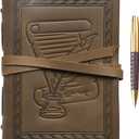 Leather Bound Journal for Men and Women, Handmade Gift Set for Writing, Feather Quill & Ink Pot Embossed Journal and Stylish Pen, A5 Vintage Notebook, Shakespeare Sketchbook, Planner, Diary 8x6"
