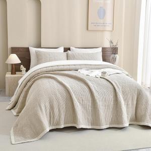 CozyTide 100% Cotton Oversized King Bedspread 128"x120",Light Khaki Waffle Weave Oversized King Quilt Set 3 Pieces Lightweight Extra Large Farmhouse Bedding Coverlet Ultra Soft