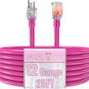 GREATIDE Outdoor Extension Cord with Lighted End, 12 Gauge Heavy Duty 25 FT, 3 Prong Grounded 15 Amp Extension Cord, 12/3 SJTW Waterproof Power Cord for Appliance, UL Listed, Pink