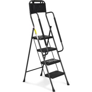 HBTower Step Ladder with Handrails, Folding Step Stool with Attachable Tool Bag & Anti-Slip Wide Pedal for Home Kitchen Pantry Office, Black