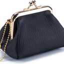 Genuine Leather Coin Purse for Women, Cute Mini Lipstick Holder Case, Small Vintage Kiss Lock Jewelry Storage Organizer Change Bag Pouch (Black)