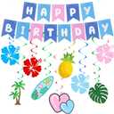 Blue Pink Happy Birthday Banner Party Decorations and Hanging Swirls with Hawaiian Decorations for Birthday Party Supplies