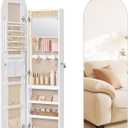 SONGMICS Wide Jewelry Organizer, LED Jewelry Cabinet Wall/Door Mounted, Arched Mirror with Storage, Lockable, Rounded Corner, Interior Mirror, 3.9 x 16.5 x 55.1 Inches, Cloud White UJJC040WB01