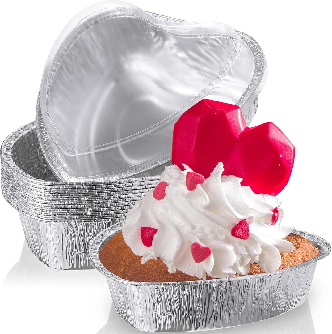 Hushee 12 Pcs 27 oz Valentine's Day Heart Shaped Cake Pan with Lid 7.4 Inch Aluminum Foil Disposable Cupcake Baking Pan Heart Food Packing Muffin Tin Liner Pudding Cooking Cup for Mother's Day