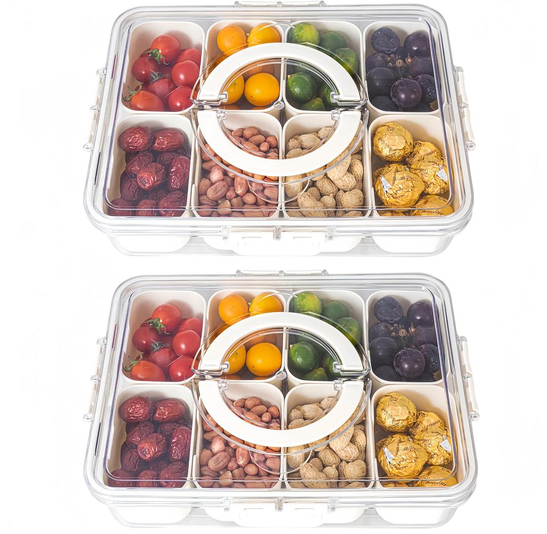 Dingerjar Divided Serving Tray with Lid and Handle - Divided Snack Tray for Portable Snack Platters - Clear Organizer for Candy, Fruits, Nuts, Snacks - Perfect for Party, Entertaining，2 pcs