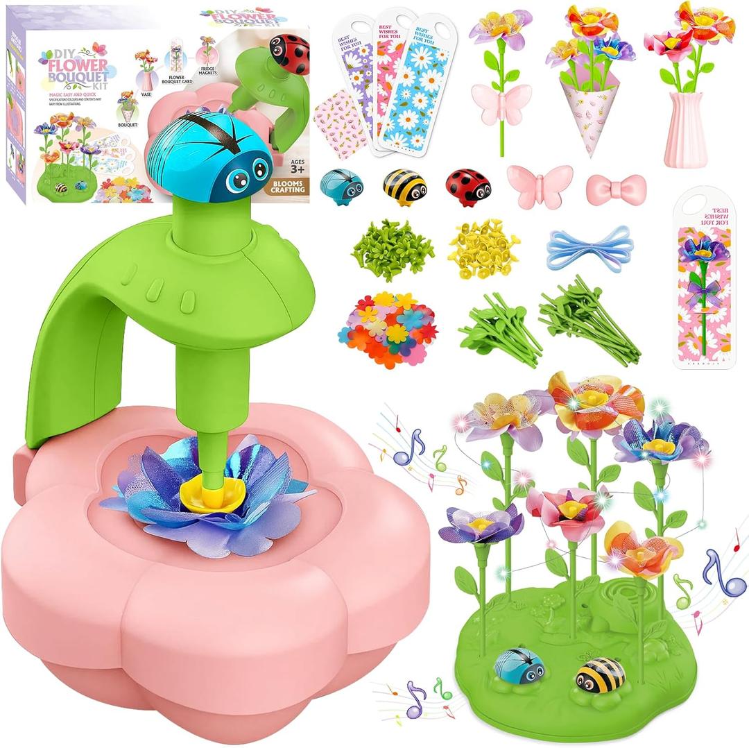 XIKBDU DIY Art Flower Toys, Arts and Crafts Activity Kit for Kids Ages 3-12, Fabric Bouquet Craft with Light&Music for Toddler, Christmas Birthday Gifts for 3 4 5 6 7 8 9 10 11 12 Year Old Girl